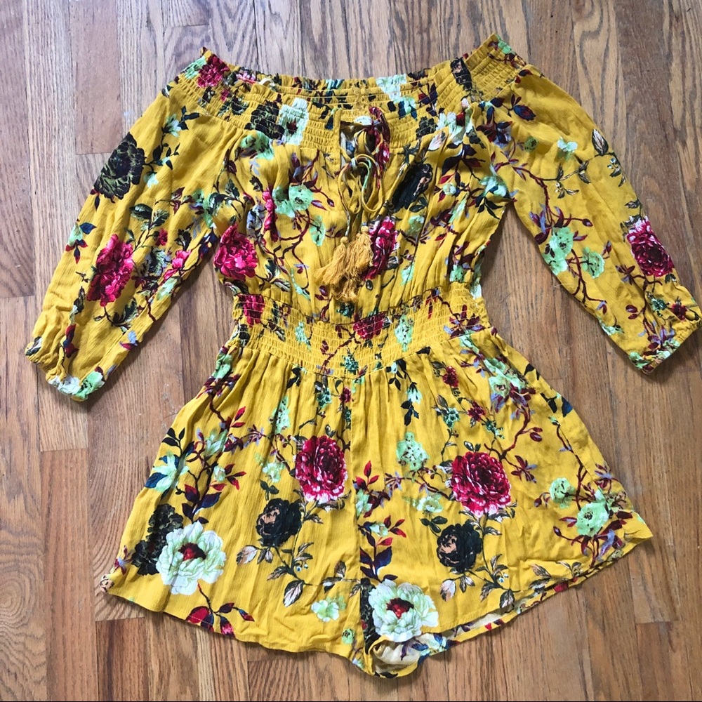 Bleuh Ciel mustard floral long sleeve romper